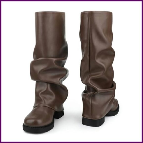Slouchy Mid Calf Boots 2 Inch Block Heel Square Toe Pull On Booties - Picture 6 of 8